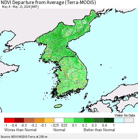 Korea NDVI Departure from Average (Terra-MODIS) Thematic Map For 5/8/2024 - 5/15/2024