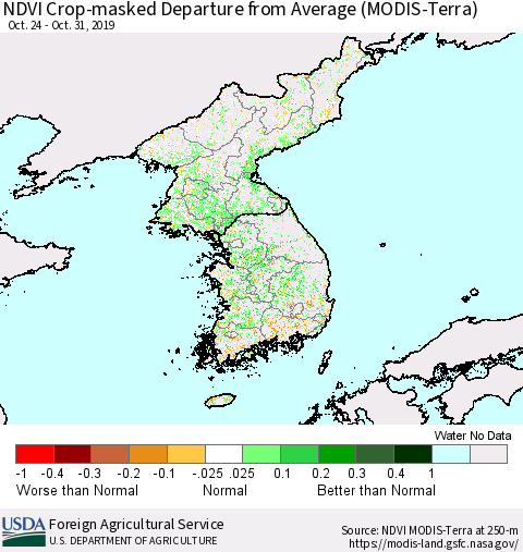 Korea Cropland NDVI Departure from Average (Terra-MODIS) Thematic Map For 10/21/2019 - 10/31/2019