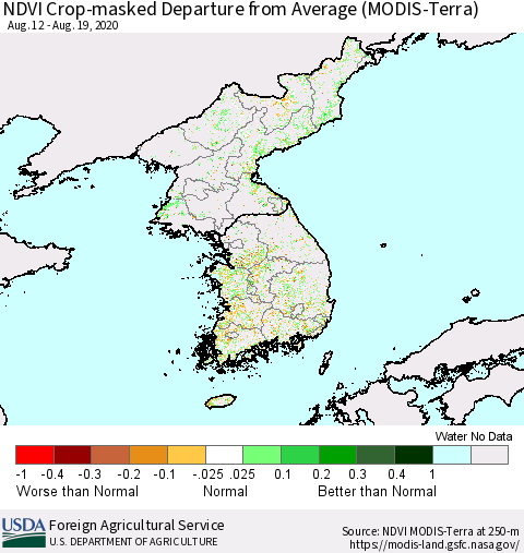 Korea Cropland NDVI Departure from Average (Terra-MODIS) Thematic Map For 8/11/2020 - 8/20/2020