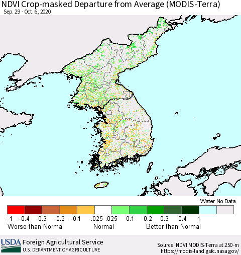 Korea Cropland NDVI Departure from Average (Terra-MODIS) Thematic Map For 10/1/2020 - 10/10/2020