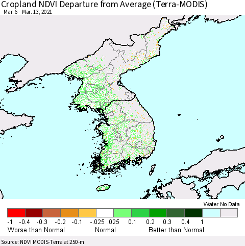 Korea Cropland NDVI Departure from Average (Terra-MODIS) Thematic Map For 3/6/2021 - 3/13/2021