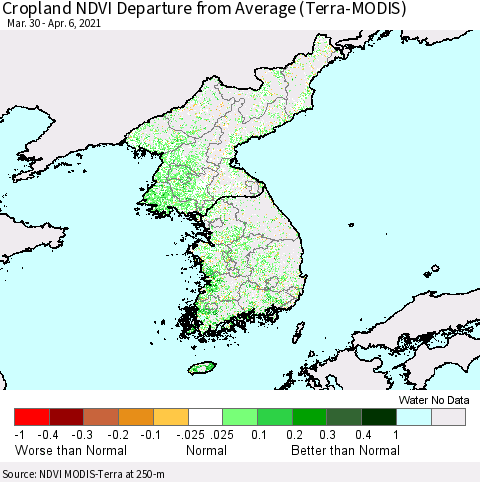 Korea Cropland NDVI Departure from Average (Terra-MODIS) Thematic Map For 3/30/2021 - 4/6/2021