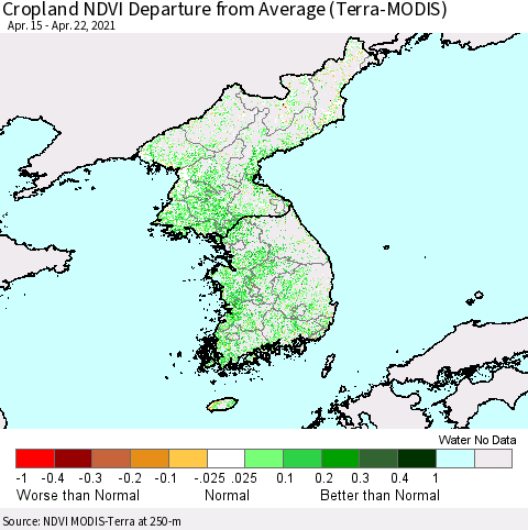 Korea Cropland NDVI Departure from Average (Terra-MODIS) Thematic Map For 4/15/2021 - 4/22/2021