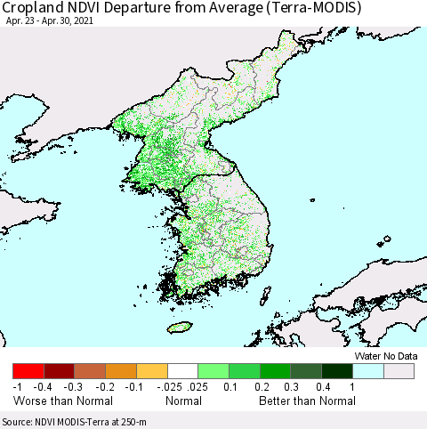 Korea Cropland NDVI Departure from Average (Terra-MODIS) Thematic Map For 4/21/2021 - 4/30/2021