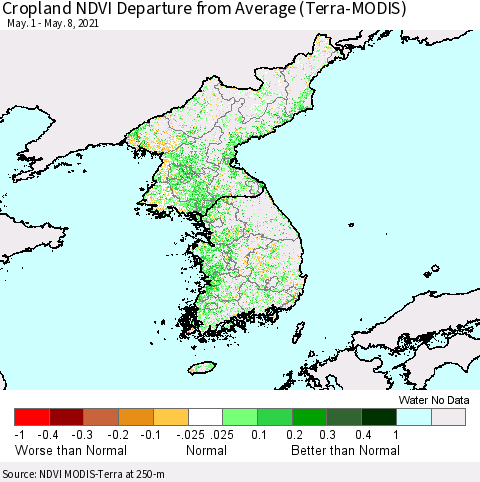 Korea Cropland NDVI Departure from Average (Terra-MODIS) Thematic Map For 5/1/2021 - 5/8/2021