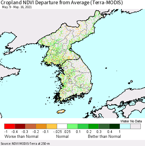 Korea Cropland NDVI Departure from Average (Terra-MODIS) Thematic Map For 5/9/2021 - 5/16/2021