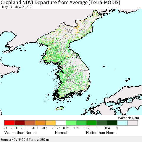 Korea Cropland NDVI Departure from Average (Terra-MODIS) Thematic Map For 5/17/2021 - 5/24/2021