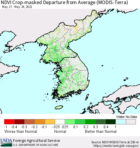 Korea Cropland NDVI Departure from Average (Terra-MODIS) Thematic Map For 5/21/2021 - 5/31/2021