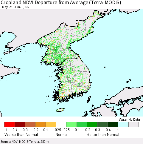 Korea Cropland NDVI Departure from Average (Terra-MODIS) Thematic Map For 5/25/2021 - 6/1/2021