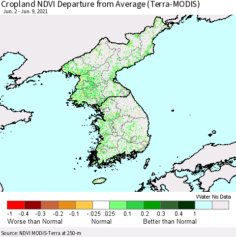 Korea Cropland NDVI Departure from Average (Terra-MODIS) Thematic Map For 6/2/2021 - 6/9/2021