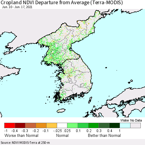 Korea Cropland NDVI Departure from Average (Terra-MODIS) Thematic Map For 6/10/2021 - 6/17/2021