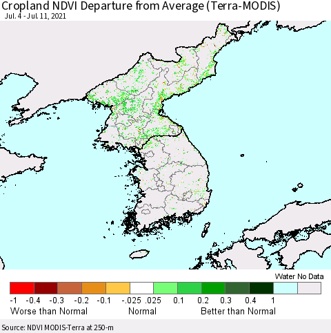 Korea Cropland NDVI Departure from Average (Terra-MODIS) Thematic Map For 7/4/2021 - 7/11/2021