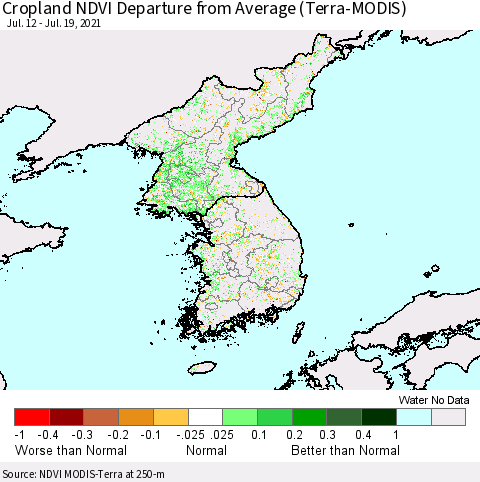 Korea Cropland NDVI Departure from Average (Terra-MODIS) Thematic Map For 7/12/2021 - 7/19/2021