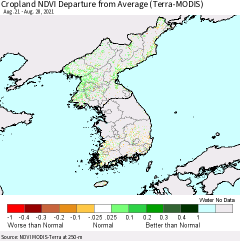 Korea Cropland NDVI Departure from Average (Terra-MODIS) Thematic Map For 8/21/2021 - 8/28/2021