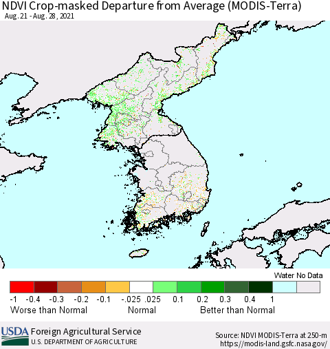 Korea Cropland NDVI Departure from Average (Terra-MODIS) Thematic Map For 8/21/2021 - 8/31/2021