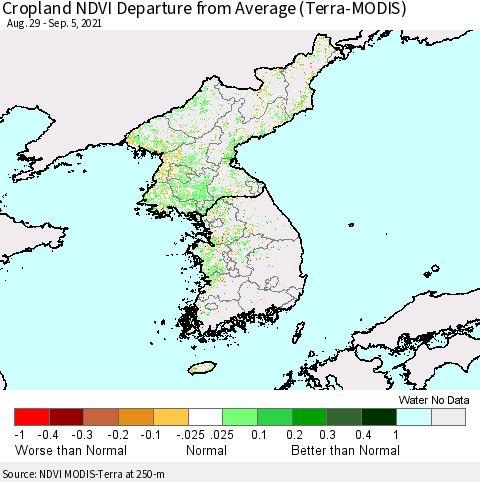 Korea Cropland NDVI Departure from Average (Terra-MODIS) Thematic Map For 8/29/2021 - 9/5/2021