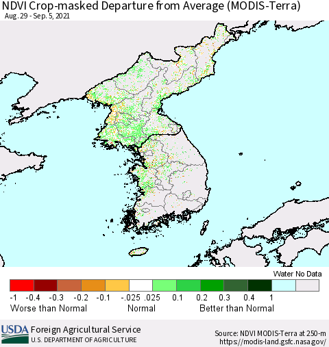 Korea Cropland NDVI Departure from Average (Terra-MODIS) Thematic Map For 9/1/2021 - 9/10/2021