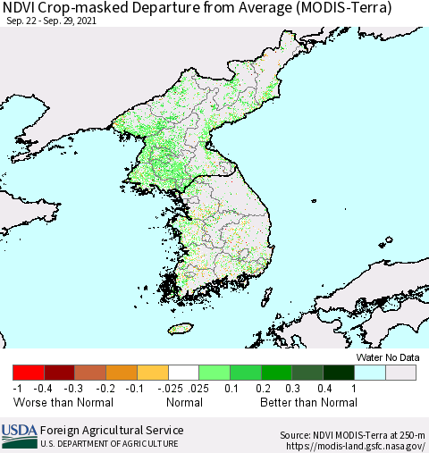 Korea Cropland NDVI Departure from Average (Terra-MODIS) Thematic Map For 9/21/2021 - 9/30/2021