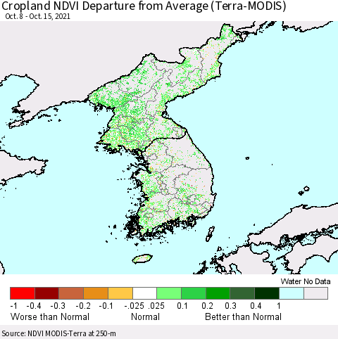 Korea Cropland NDVI Departure from Average (Terra-MODIS) Thematic Map For 10/8/2021 - 10/15/2021