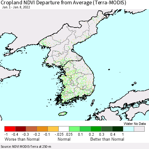 Korea Cropland NDVI Departure from Average (Terra-MODIS) Thematic Map For 1/1/2022 - 1/8/2022
