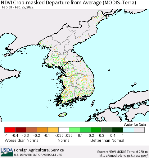 Korea Cropland NDVI Departure from Average (Terra-MODIS) Thematic Map For 2/21/2022 - 2/28/2022