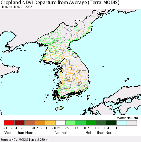 Korea Cropland NDVI Departure from Average (Terra-MODIS) Thematic Map For 3/14/2022 - 3/21/2022