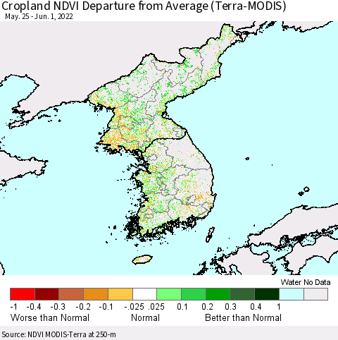 Korea Cropland NDVI Departure from Average (Terra-MODIS) Thematic Map For 5/25/2022 - 6/1/2022