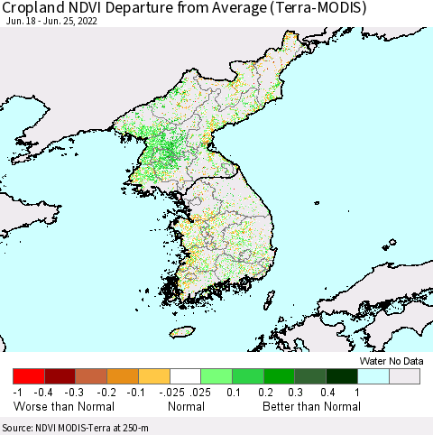 Korea Cropland NDVI Departure from Average (Terra-MODIS) Thematic Map For 6/18/2022 - 6/25/2022