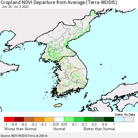 Korea Cropland NDVI Departure from Average (Terra-MODIS) Thematic Map For 6/26/2022 - 7/3/2022