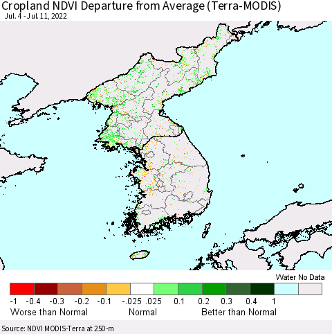 Korea Cropland NDVI Departure from Average (Terra-MODIS) Thematic Map For 7/4/2022 - 7/11/2022
