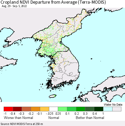 Korea Cropland NDVI Departure from Average (Terra-MODIS) Thematic Map For 8/29/2022 - 9/5/2022