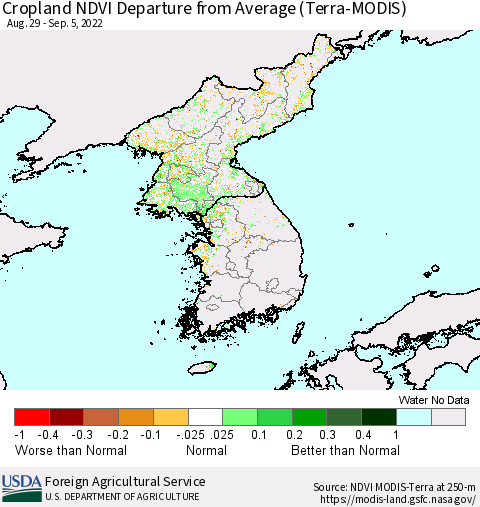 Korea Cropland NDVI Departure from Average (Terra-MODIS) Thematic Map For 9/1/2022 - 9/10/2022