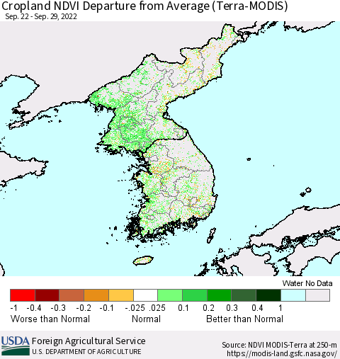 Korea Cropland NDVI Departure from Average (Terra-MODIS) Thematic Map For 9/21/2022 - 9/30/2022