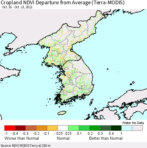 Korea Cropland NDVI Departure from Average (Terra-MODIS) Thematic Map For 10/16/2022 - 10/23/2022