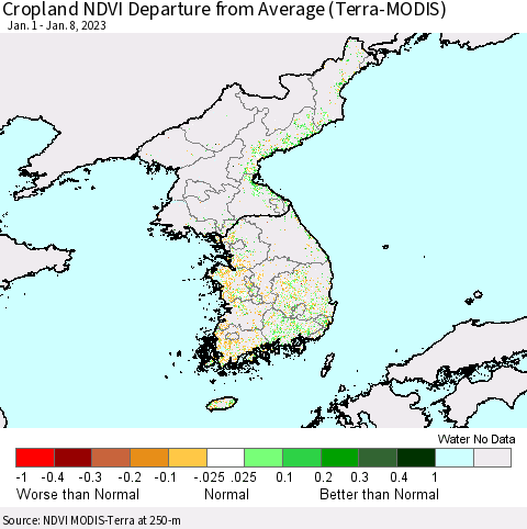 Korea Cropland NDVI Departure from Average (Terra-MODIS) Thematic Map For 1/1/2023 - 1/8/2023