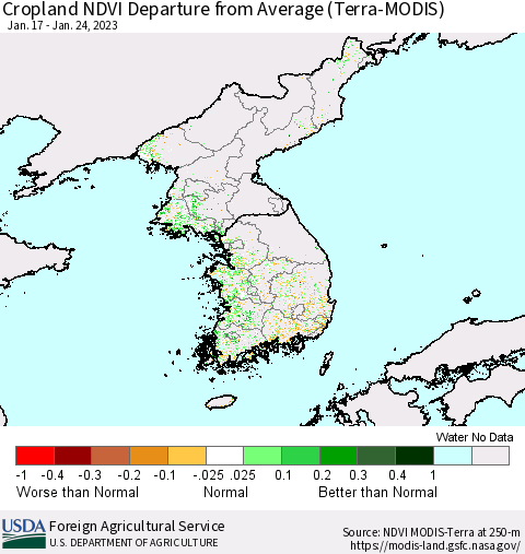 Korea Cropland NDVI Departure from Average (Terra-MODIS) Thematic Map For 1/21/2023 - 1/31/2023