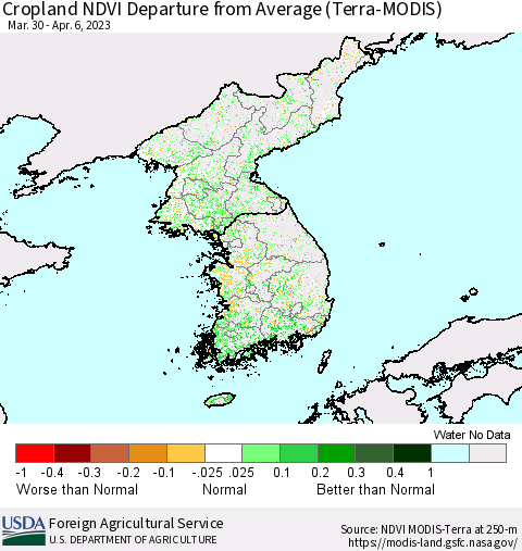 Korea Cropland NDVI Departure from Average (Terra-MODIS) Thematic Map For 4/1/2023 - 4/10/2023