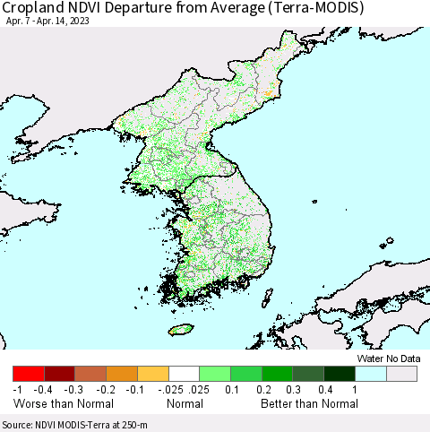 Korea Cropland NDVI Departure from Average (Terra-MODIS) Thematic Map For 4/7/2023 - 4/14/2023