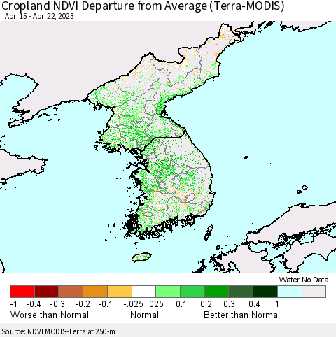 Korea Cropland NDVI Departure from Average (Terra-MODIS) Thematic Map For 4/15/2023 - 4/22/2023