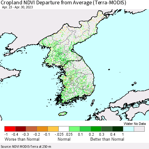 Korea Cropland NDVI Departure from Average (Terra-MODIS) Thematic Map For 4/21/2023 - 4/30/2023