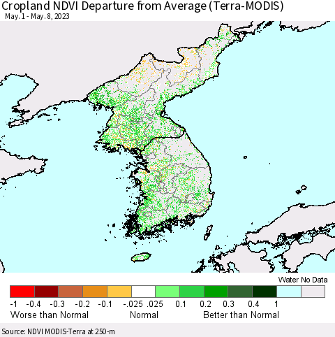 Korea Cropland NDVI Departure from Average (Terra-MODIS) Thematic Map For 5/1/2023 - 5/8/2023