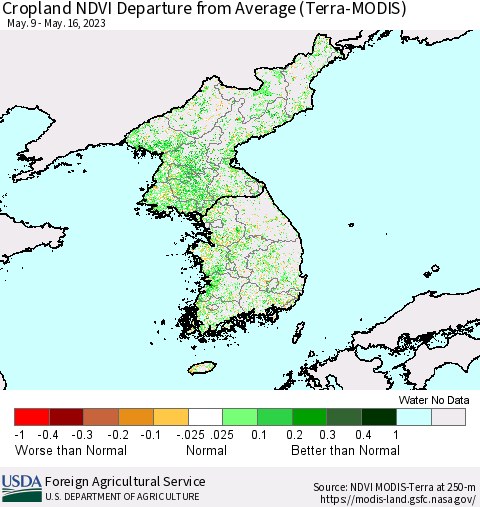 Korea Cropland NDVI Departure from Average (Terra-MODIS) Thematic Map For 5/11/2023 - 5/20/2023
