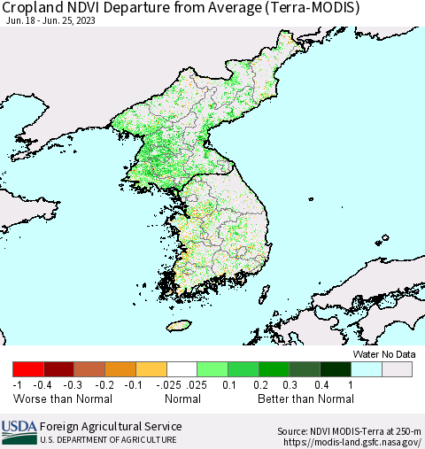 Korea Cropland NDVI Departure from Average (Terra-MODIS) Thematic Map For 6/21/2023 - 6/30/2023