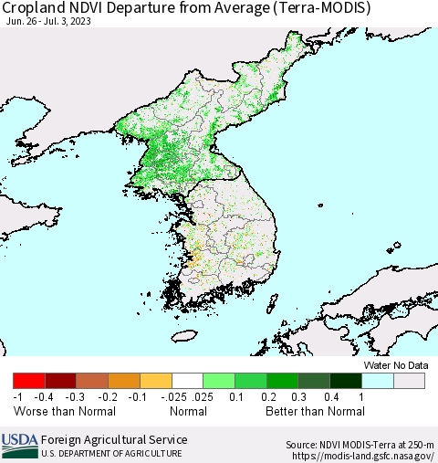 Korea Cropland NDVI Departure from Average (Terra-MODIS) Thematic Map For 7/1/2023 - 7/10/2023