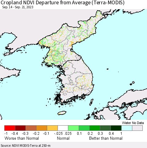 Korea Cropland NDVI Departure from Average (Terra-MODIS) Thematic Map For 9/14/2023 - 9/21/2023