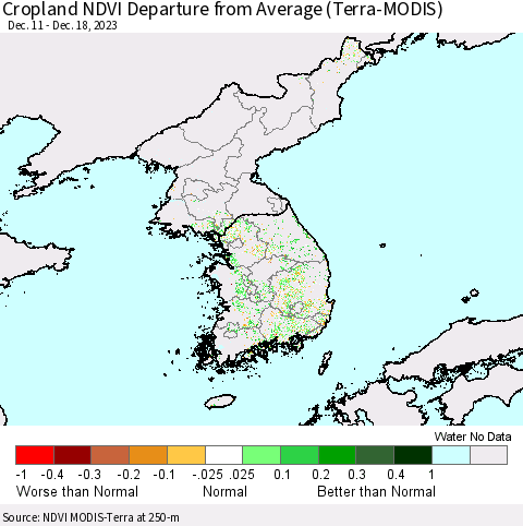 Korea Cropland NDVI Departure from Average (Terra-MODIS) Thematic Map For 12/11/2023 - 12/18/2023