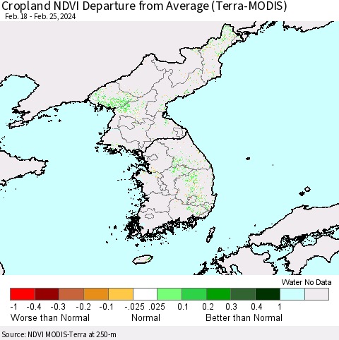Korea Cropland NDVI Departure from Average (Terra-MODIS) Thematic Map For 2/18/2024 - 2/25/2024