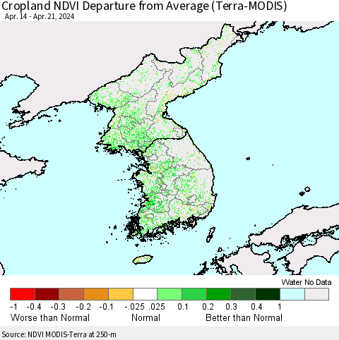 Korea Cropland NDVI Departure from Average (Terra-MODIS) Thematic Map For 4/14/2024 - 4/21/2024
