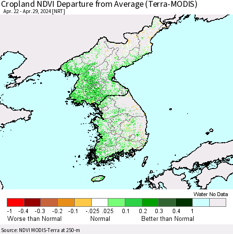 Korea Cropland NDVI Departure from Average (Terra-MODIS) Thematic Map For 4/22/2024 - 4/29/2024