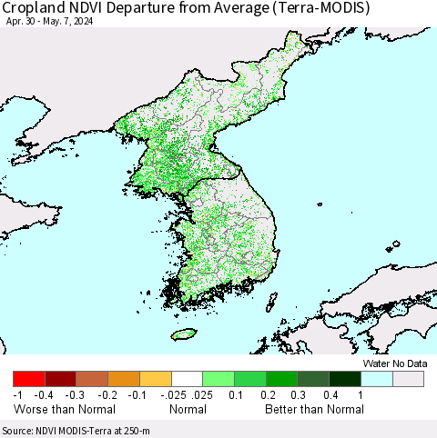 Korea Cropland NDVI Departure from Average (Terra-MODIS) Thematic Map For 4/30/2024 - 5/7/2024